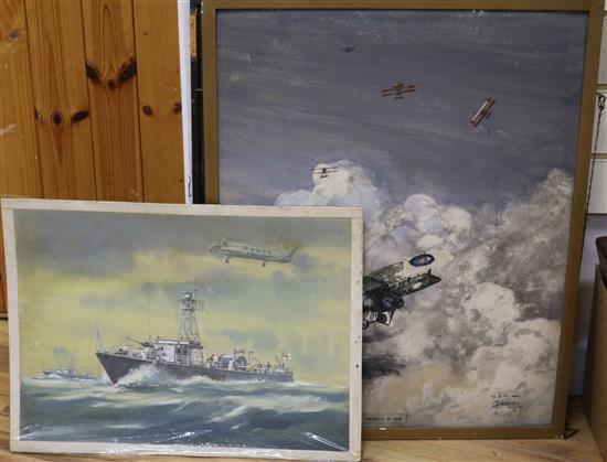 G. H. Tavis, three aviation pictures including bi-planes over St Omar, largest 60 x 48cm